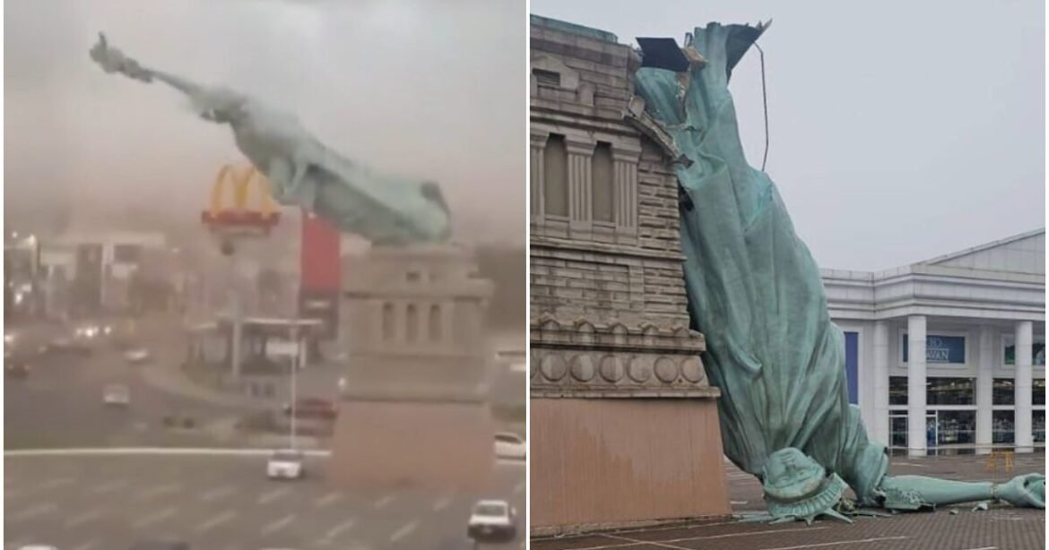 Απίστευτες εικόνες: Άνεμοι ξήλωσαν το αντίγραφο του Αγάλματος της Ελευθερίας στη Βραζιλία (βίντεο)