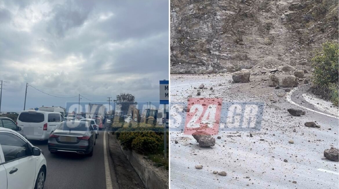 Κατολισθήσεις στη Σαντορίνη: Βράχια έπεσαν στον δρόμο προς το λιμάνι του Αθηνιού – Τεράστιες ουρές στο σημείο 