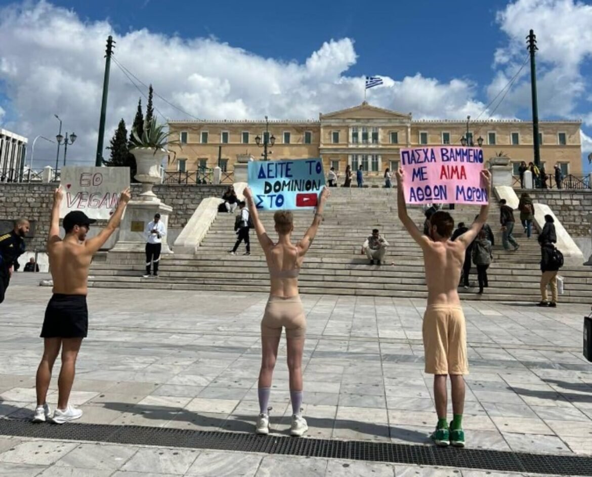 Σύνταγμα: Διαμαρτυρία vegan ακτιβιστών για τη θανάτωση αμνοεριφίων για το Πάσχα